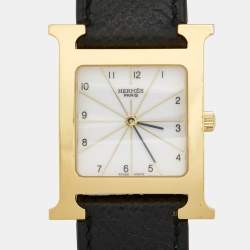 Hermes White Yellow Gold Plated Stainless Steel Leather Heure H HH1.510 Women's Wristwatch 26 mm