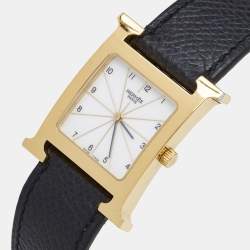 Hermes White Yellow Gold Plated Stainless Steel Leather Heure H HH1.510 Women's Wristwatch 26 mm