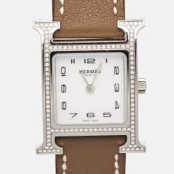 Hermes Mother Of Pearl Diamond Stainless Steel Leather Heure H W046512WW Women's Wristwatch 21 mm
