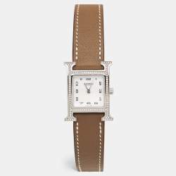 Hermes Mother Of Pearl Diamond Stainless Steel Leather Heure H W046512WW Women's Wristwatch 21 mm