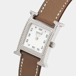 Hermes Mother Of Pearl Diamond Stainless Steel Leather Heure H W046512WW Women's Wristwatch 21 mm