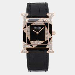 Hermes Black Diamond 18k Rose Gold Heure H W054597WW00 Quartz Women's Wristwatch 26 mm