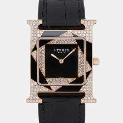 Hermes Black Diamond 18k Rose Gold Heure H W054597WW00 Quartz Women's Wristwatch 26 mm
