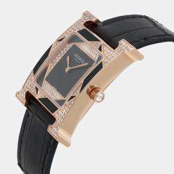 Hermes Black Diamond 18k Rose Gold Heure H W054597WW00 Quartz Women's Wristwatch 26 mm