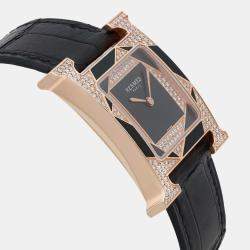 Hermes Black Diamond 18k Rose Gold Heure H W054597WW00 Quartz Women's Wristwatch 26 mm