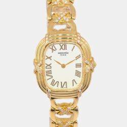 Hermes White 18k Yellow Gold Ruban FA1.272 Quartz Women's Wristwatch 23 mm