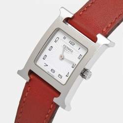Pre Owned Hermes White Stainless Steel Leather Heure H HH1.210 Women's Wristwatch 21 mm