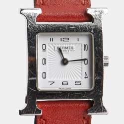 Pre Owned Hermes White Stainless Steel Leather Heure H HH1.210 Women's Wristwatch 21 mm