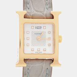 Pre Owned Hermes Heure H Diamond HH1.102 Quartz MOP Gold Plated Stainless Steel Womens Wristwatch 17.5 mm