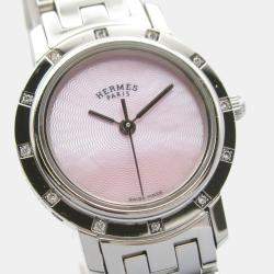Pre Owned Hermes Clipper CL4.230 Quartz Pink Stainless Steel Women's Wristwatch 24 mm