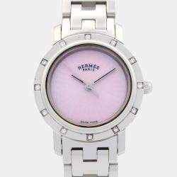 Pre Owned Hermes Clipper CL4.230 Quartz Pink Stainless Steel Women's Wristwatch 24 mm