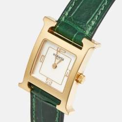 Pre Owned Hermes Heure H HH1.202C Mother Of Pearl DIal Gold Plated Stainless Steel Alligator Leather Women's Wristwatch 21 mm