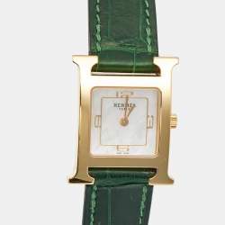 Pre Owned Hermes Heure H HH1.202C Mother Of Pearl DIal Gold Plated Stainless Steel Alligator Leather Women's Wristwatch 21 mm