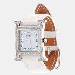 Pre Owned Hermes H Hour HH1.235 Quartz White Diamonds, Stainless Steel Women's Wristwatch 26mm