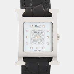 Pre Owned Hermes H Hour HH1.210 Quartz White Diamonds, Stainless Steel Women's Wristwatch 26mm