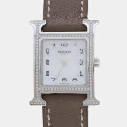 Pre Owned Hermes H Hour HH1.235 Quartz White Diamonds Stainless Steel Women's Wristwatch 26mm