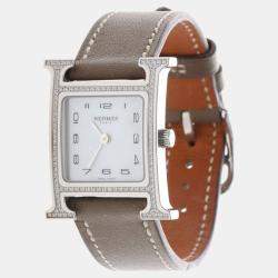Pre Owned Hermes H Hour HH1.235 Quartz White Diamonds Stainless Steel Women's Wristwatch 26mm