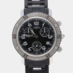 Pre Owned Hermes Clipper Chronograph CL2.915 Quartz Black Stainless Steel Men's Wristwatch 38mm