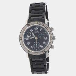 Pre Owned Hermes Clipper Chronograph CL2.915 Quartz Black Stainless Steel Men's Wristwatch 38mm