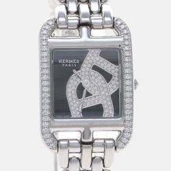 Pre Owned Hermes Cape Cod CC1.330 Quartz Black Diamonds Stainless Steel Women's Wristwatch 23mm