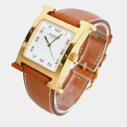 مملوكة مسبقًا Hermes Gold Epsom Leather Medium 30mm 'Heure' Watch