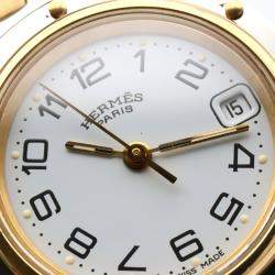 Pre Owned ساعة يد نسائية هيرمس كليبر CL4.220 ستانلس ستيل مطلية بالذهب الأصفر كوارتز بيضاء 24 مم