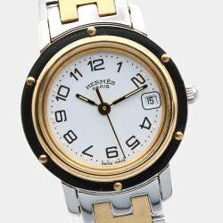 Pre Owned ساعة يد نسائية هيرمس كليبر CL4.220 ستانلس ستيل مطلية بالذهب الأصفر كوارتز بيضاء 24 مم