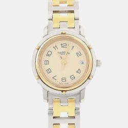 Pre Owned Hermes Clipper CL3.240 Beige Yellow Gold Plated, Stainless Steel Quartz Women's Wristwatch 24mm