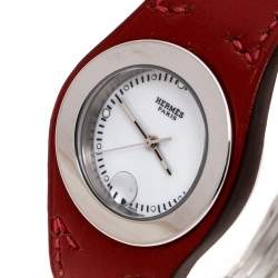 Pre Owned Hermes White Stainless Steel Red Leather Harnais HA3.210 Women's Wristwatch 27.50 cm