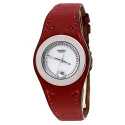 Pre Owned Hermes White Stainless Steel Red Leather Harnais HA3.210 Women's Wristwatch 27.50 cm