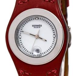 Pre Owned Hermes White Stainless Steel Red Leather Harnais HA3.210 Women's Wristwatch 27.50 cm
