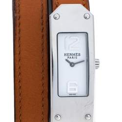 Hermes White Stainless Steel Kelly 2 Double Tour KT1.210 Women's Wristwatch 15 mm