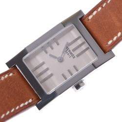 Pre Owned Hermes Silver Stainless Steel Tandem De Bourtour TA1.210 Quartz Women's Wristwatch 29 MM