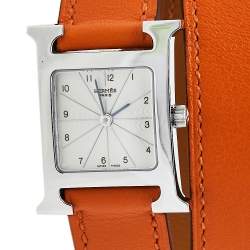 Hermes Silver Stainless Steel Leather Wrap Heure H HH1.210 Women's Wristwatch 21 mm