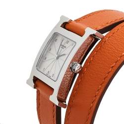 Hermes Silver Stainless Steel Leather Wrap Heure H HH1.210 Women's Wristwatch 21 mm