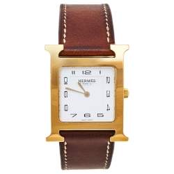 Hermes White Gold Plated Stainless Steel Leather Heure H HH1.501 Women's Wristwatch 26 mm
