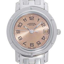 Pre Owned Hermes Pink Stainless Steel Clipper CL4.210.431.13758 Women's Wristwatch 24 MM