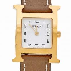 Pre Owned Hermes White Yellow Gold Plated Stainless Steel Leather Heure H HH1201 Women's Wristwatch 21 mm 