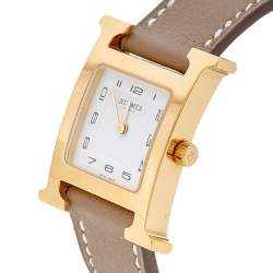 Pre Owned Hermes White Yellow Gold Plated Stainless Steel Leather Heure H HH1201 Women's Wristwatch 21 mm 