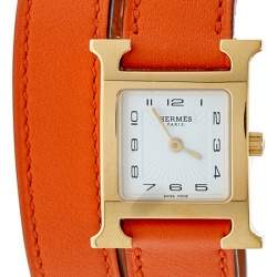 Hermes White Gold Plated Stainless Steel Leather Double Tour HS036737WW00 Women's Wristwatch 21 mm