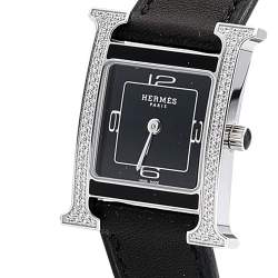 Pre Owned Hermes Black Stainless Steel Diamond Leather Heure H W046478WW00 Women's Wristwatch 21 mm