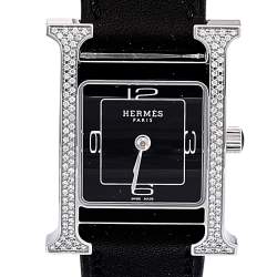 Pre Owned Hermes Black Stainless Steel Diamond Leather Heure H W046478WW00 Women's Wristwatch 21 mm