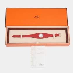 Pre Owned Hermes White Stainless Steel 1P Diamond Leather Faubourg Manchette W042630WW00 Women's Wristwatch 19.50 mm