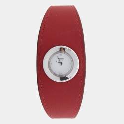 Pre Owned Hermes White Stainless Steel 1P Diamond Leather Faubourg Manchette W042630WW00 Women's Wristwatch 19.50 mm