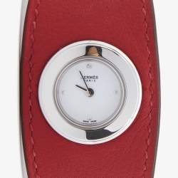 Pre Owned Hermes White Stainless Steel 1P Diamond Leather Faubourg Manchette W042630WW00 Women's Wristwatch 19.50 mm