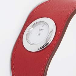 Pre Owned Hermes White Stainless Steel 1P Diamond Leather Faubourg Manchette W042630WW00 Women's Wristwatch 19.50 mm