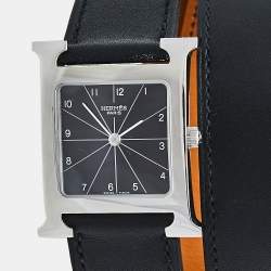 مملوكة مسبقًا Hermès Black Stainless Steel Leather Wrap Heure H HH1.510 Women's Wristwatch 26 mm