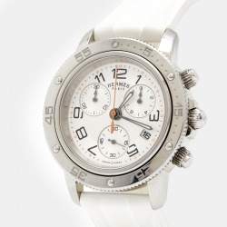 Pre Owned Hermes Silver Stainless Steel Rubber Clipper CP2.410 Unisex Wristwatch 36 mm
