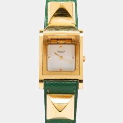 Hermes White Gold Plated Stainless Steel Leather Medor ME1.201 Women's wristwatch 23 mm