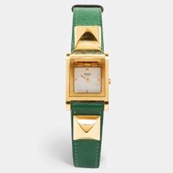 Hermes White Gold Plated Stainless Steel Leather Medor ME1.201 Women's wristwatch 23 mm
